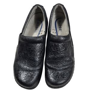 Klogs black tooled black leather slip-on clogs womens size 10
